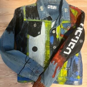 Hand-Painted Denim Jacket Women’s Small with Bold Multicolor Paint